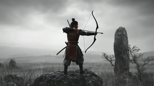 Fantasy Warrior with Bow Under Stormy Sky