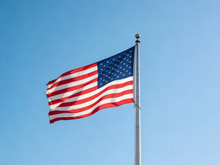 Fototapeta premium United States Flag Flying High on a Metal Pole Against a Cloudless Sky 