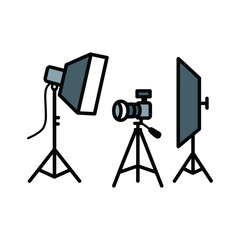 Studio lighting equipment and camera tools on stands for photography and videography applications