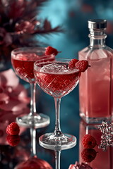 Crystal glasses filled with red cocktails made from ros&eacute; and light pink sparkling wine, decorated with fresh raspberries on the table.