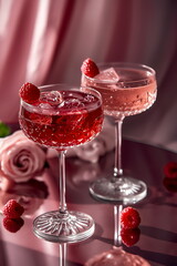 Crystal glasses filled with red cocktails made from ros&eacute; and light pink sparkling wine, decorated with fresh raspberries on the table.