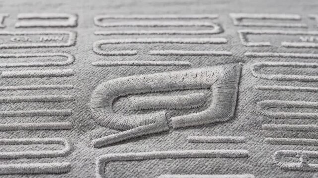 Medium shot capturing 3D padded logo embroidery in dense satin stitches creating a raised effect on massproduced Schiffli label fields.
