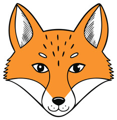 Obraz premium Cute fox head illustration with orange fur, black and white outline, and an adorable friendly facial expression.