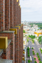 Panoramic View from Kollhoff Tower at Potsdamer Platz Berlin Overlooking Berliner Philharmonie and Tiergarten Park with Red Brick Expressionist Architecture Details