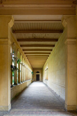 Italianate Cloister and Arcade of Friedenskirche Church of Peace in Sanssouci Park Potsdam Germany Historic Neoclassical Architecture with One Point Perspective