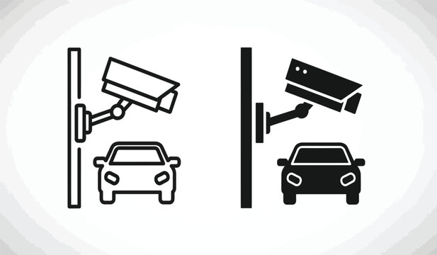 Black and white illustration of security cameras monitoring cars