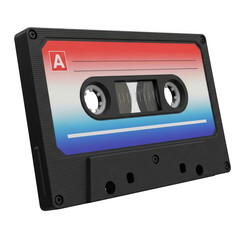 Fototapeta premium A classic cassette tape with a red, white, and blue label, isolated on white background