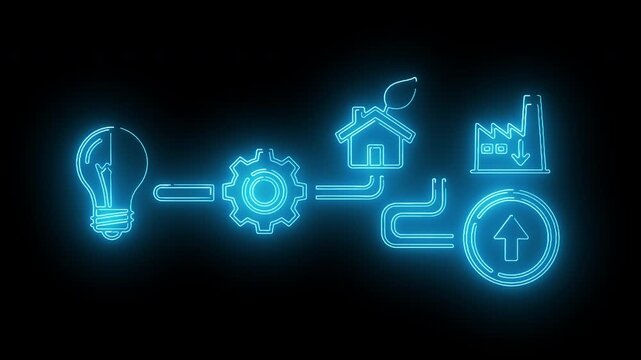 Neon-lit flowchart with glowing blue icons on a dark background