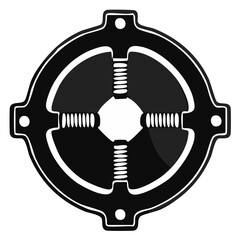 Circular mechanical device with four springs and central opening in black and white