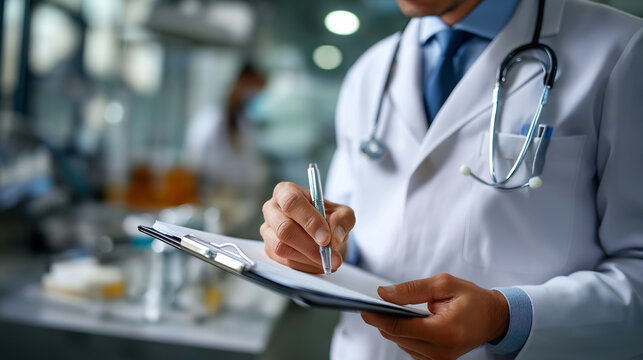 Medical professional making choice at healthcare institution doctor reviewing options with clipboard and documents medical decision making in clinical environment professional