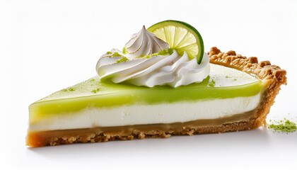 a bright slice of key lime pie topped with a swirl of whipped cream and thin slices of fresh lime isolated on a white background