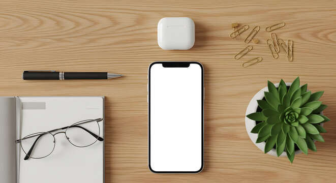 Smartphone blank screen on wood desk with pen notebook glasses earbuds