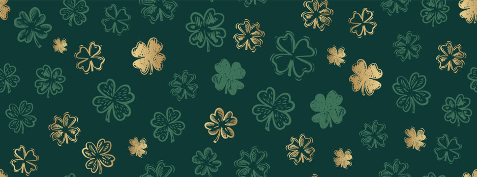 Patricks Day, Gold Clover pattern on green, hand drawn illustrations.	
