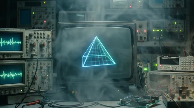 Retrowave CRT monitor animation showing a 3D wireframe pyramid in a smoky lab with oscilloscopes and electronic equipment