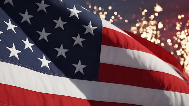 Slow motion video footage of the American flag waving proudly against a background of sparkling fireworks at night.