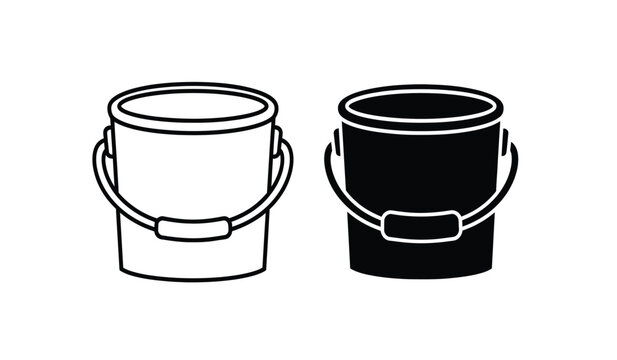 Two black and white line art buckets with handles side by side on a clean and simple background