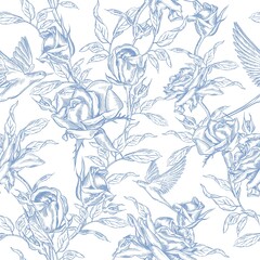 Floral Blue Chinoiserie Toile De Jour Vintage Seamless Pattern. Featuring delicate florals, graceful birds, and romantic motifs.