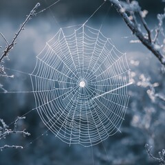 Fototapeta premium Spider Web Covered in Frost in a Morning Forest Scene During Winter