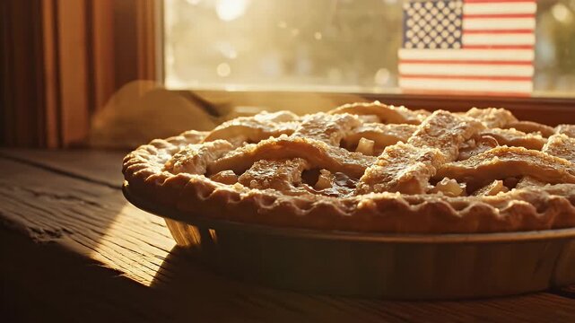 Warm Apple Pie Cooling by a Window with American Flag Silhouette in Golden Hour Sunlight Evoking Nostalgia and Patriotism