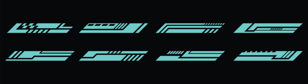 Futuristic cyan racing stripe decal set with dynamic geometric patterns on black background