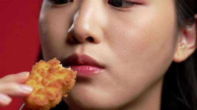 Close-up of a young Asian woman enjoying a crispy fried chicken nugget against a vibrant red background.