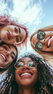 Five smiling young women taking a selfie together on a sunny day with clouds in the sky.