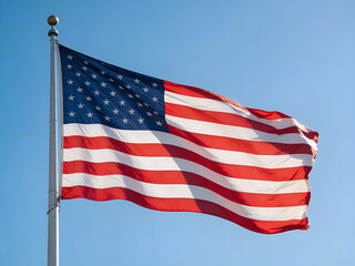 Fototapeta premium American Flag Waving in a Clear Blue Sky on a Tall Flagpole Keywords: American flag, USA flag, stars