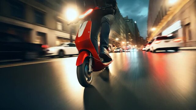 Fast Scooter Riding Through Urban Street in Evening