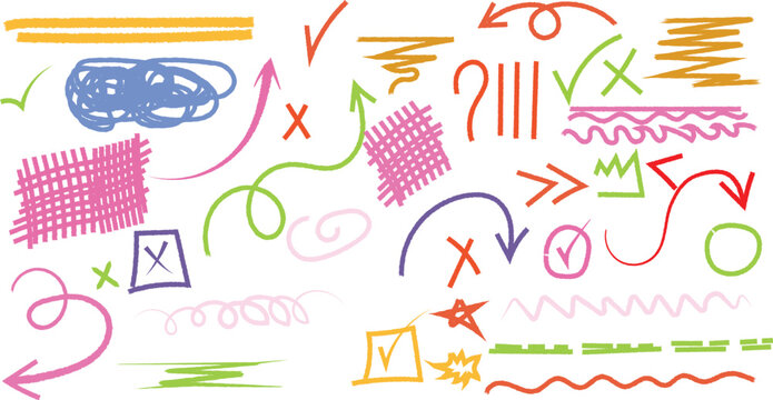 Colorful line collection with pencil crayon or chalk arrow mark and emphasis underline for annotations - checkmarks and circles, scribbles and wavy strokes. Hand drawn boxes for highlighting text