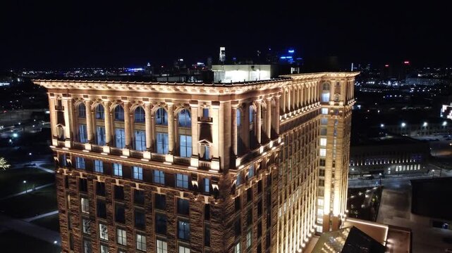 Arial shot of michigan central station towards detroit city center