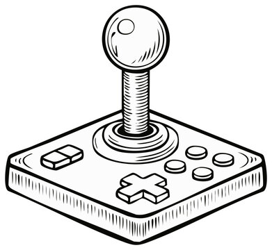 Vintage video game controller with joystick and buttons in isometric view detailed line art