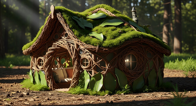 Charming natural dwelling nestled in a sun-dappled forest, a whimsical fairy tale cottage