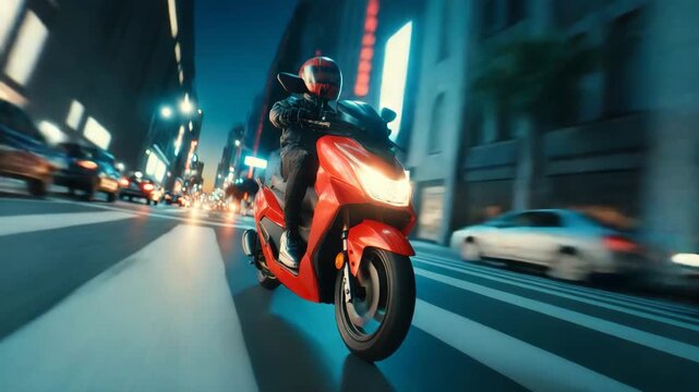 Scooter Rider Speeding Through City Street at Night