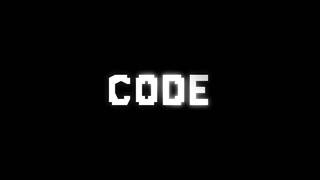 Minimal animated text displaying CODE in white letters on dark background, ideal for programming, software development, coding education, and digital technology concepts.
