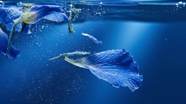 Cinematic slow motion footage of blue butterfly pea flower petals drifting underwater with bubbles and light rays.
