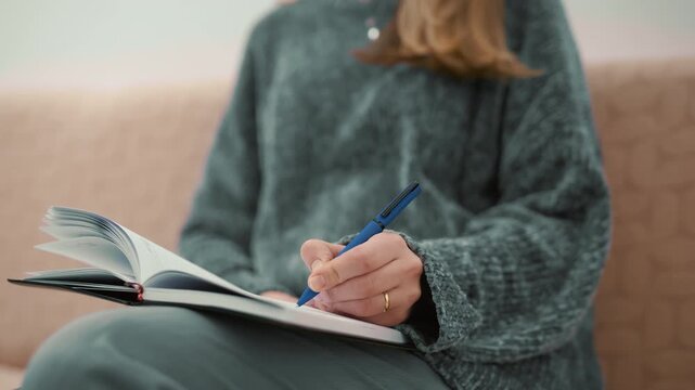 Woman sitting on a couch writing in a diary