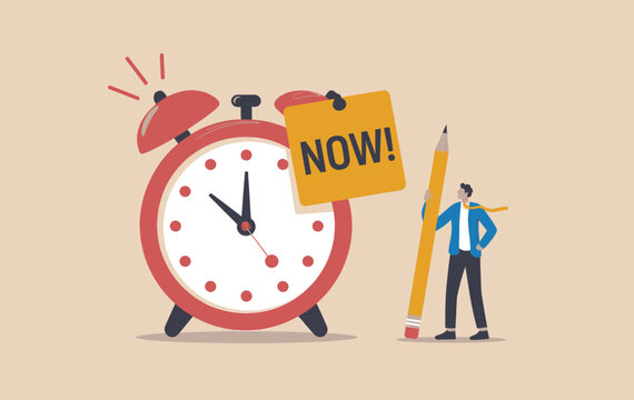 Time to act now: businessman with pencil and alarm clock emphasizing immediate action