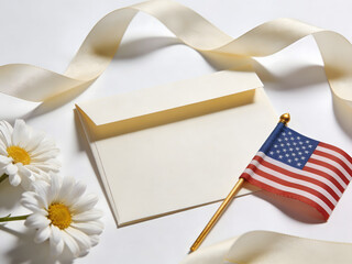 Obraz premium Cream Envelope With American Flag And Daisies On White Background ribbon