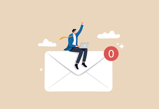 Man celebrating on an envelope with a laptop and zero notification