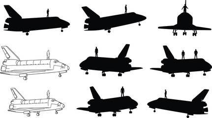 Space shuttle silhouettes set, astronauts standing on spacecraft isolated black aerospace transport illustration collection © MstAnowara