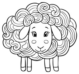 Obraz premium Cute cartoon sheep with curly wool illustration for coloring and children's design
