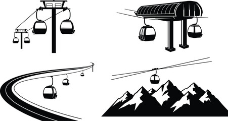 Cable car silhouettes set, mountain gondola lift transport isolated black ski resort illustration collection © MstAnowara