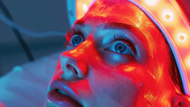 A young woman wearing a headset with red lights receives beauty treatment. Her eyes are wide open in a shocked or surprised manner, indicating high emotion.