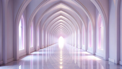 Obraz premium Endless arched hallway with bright light at the end