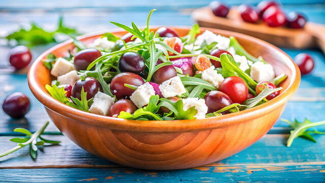 Fresh salad with grapes and feta cheese arugula greens