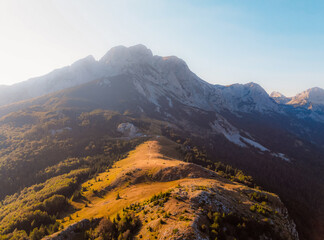 Sunset over Sutjeska National Park from Prijevor saddle, Bosnia and Herzegovina mountains with Bosanski Maglic the highest mountain in Bosnia and Herzegovina