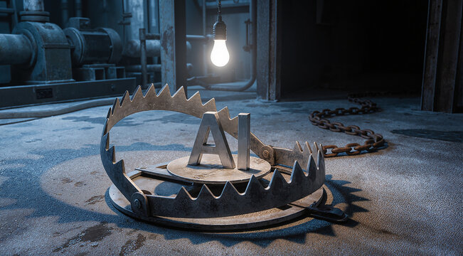 Artificial intelligence risk metaphor industrial trap concept with glowing light bulb danger warning in gritty factory setting for ethical technology debate