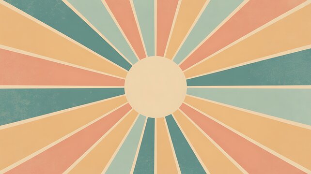 Retro style poster background with sunburst,
muted pastel tones (peach, mint, cream), subtle grain texture, vector illustration, ideal para an&uacute;ncios, cartazes ou capas de livro