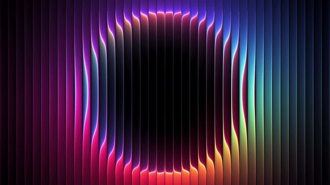 Abstract rainbow glowing circle rotating behind ribbed glass. Colorful luminous ring distorted by vertical glass ribs slowly rotating in dark space for circular ads and banners. Seamless loop. 4K