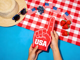 Obraz premium Hands Holding USA Foam Finger with Picnic Items and American Flags fourth of july